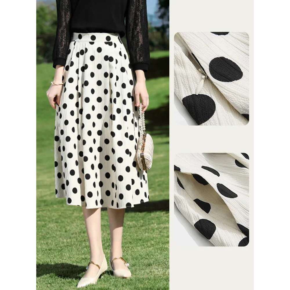 Retro High A-E Polka Dot 2025 Spring Back Elastic Waist Midi Pockets Elegant Skirt