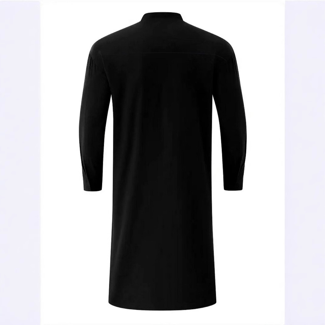 Autumn new mens solid color long sleeved casual slim fit business stand collar cotton Arabic style robe
