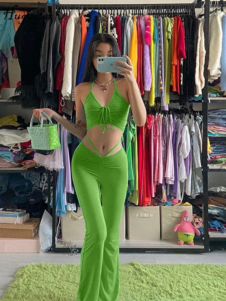 Hugcitar lace camisole crop top 2-piece pants set brushed pleated dress streetwear sexy Co Ords matching Y2K clothing 250402