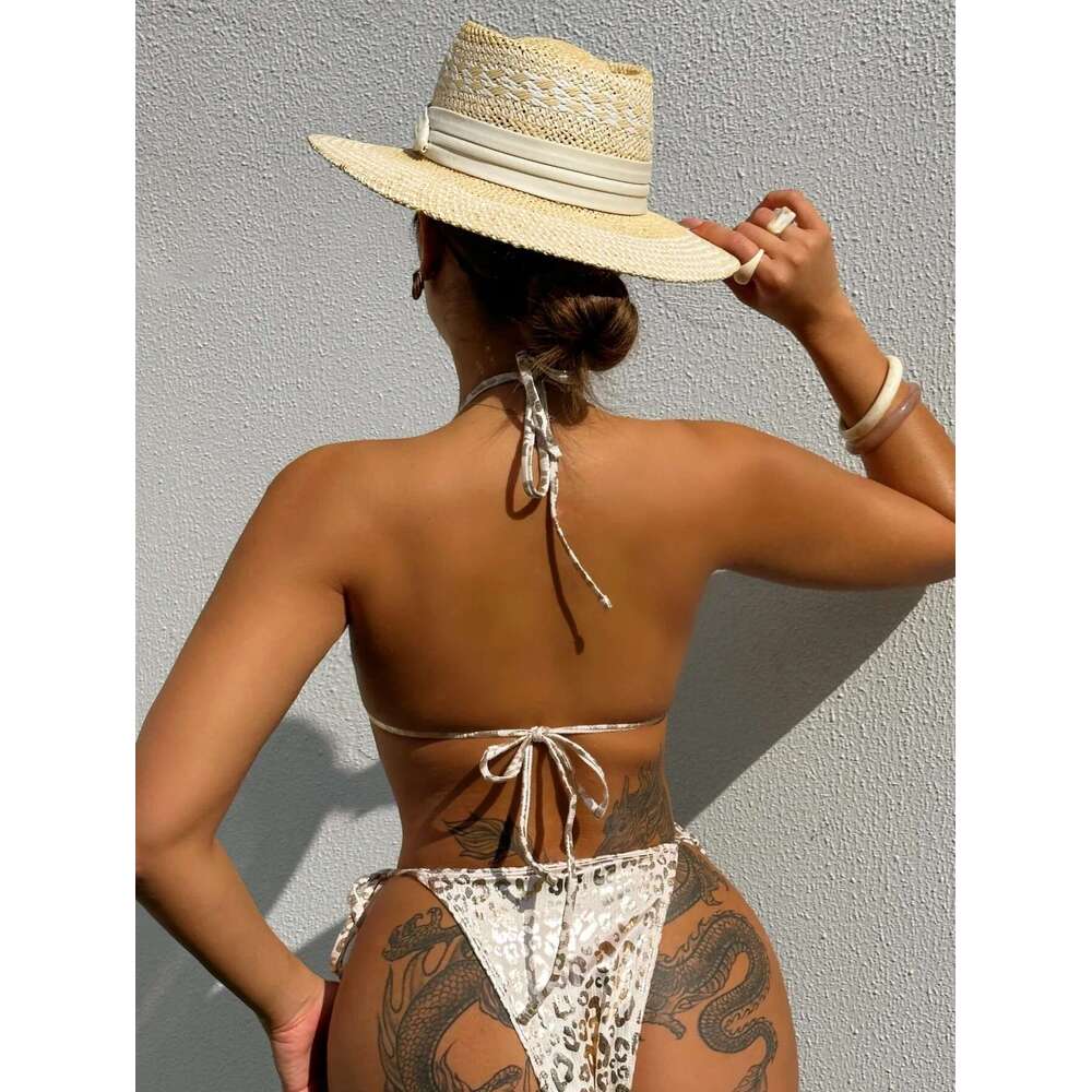 Golden Shiny Leopard Print 2 Piece Swimsuit for Women,2024 Summer New,No Chest Pad,sexy Mini Lace-up Bikini Set,bathing Suit