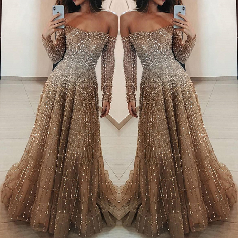 Sc2031 Internet Celebrity New Long Style 2025 Autumn and Winter Shiny One Shoulder Long Sleeved Strapless Dress