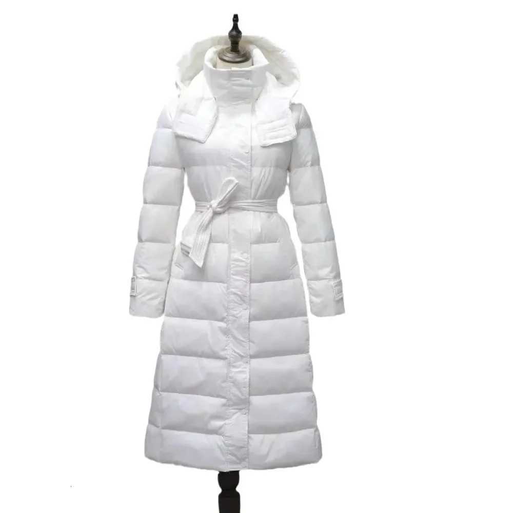 White Duck Down Jacket Women 2024 New Winter Long Hooded Warm Belt Slim Down Coat Female Korean Office Lady Casual Fashion W251106