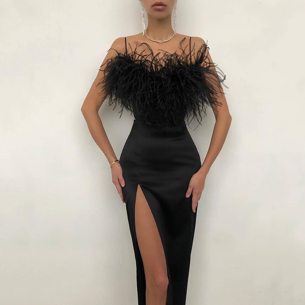 2025 New Spring and Summer Womens Suspender Feather Dress Banquet Slimming Temperament Slimming Bag Arm Dress