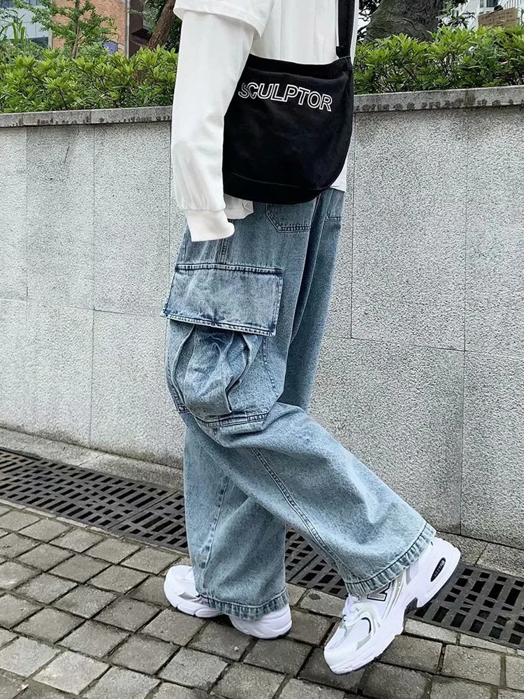 Baggy jeans mens oversized streetwear fashion wide leg cargo pants hip-hop Harajuku multi pocket denim Trouser black blue 250402