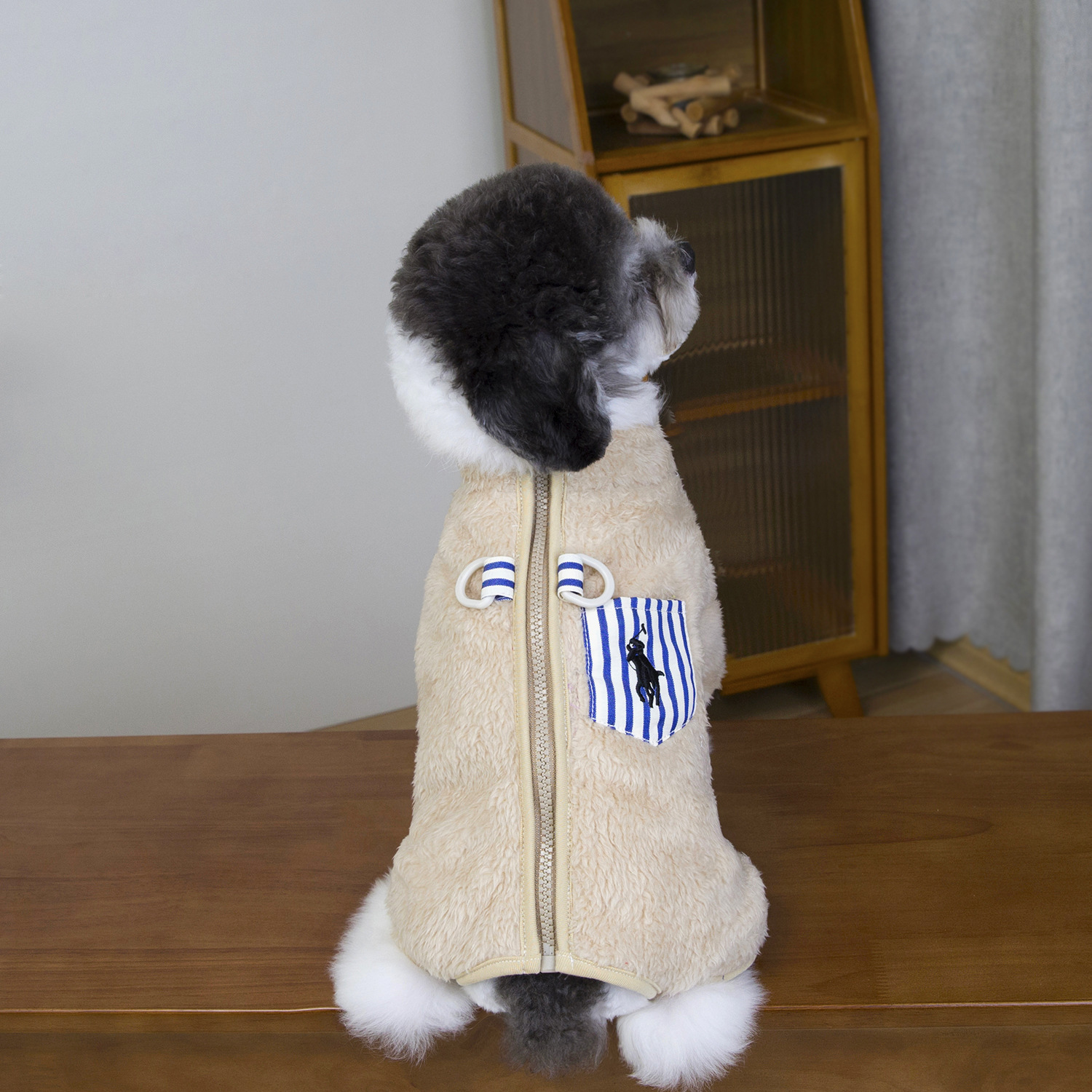 Soft Fleece Pet Dog Jumpsuit, Warm Winter Dog Clothes with Cute Embroidery & Striped Pocket, for Small Medium Dogs, Fashionable Outfit with Zipper Des