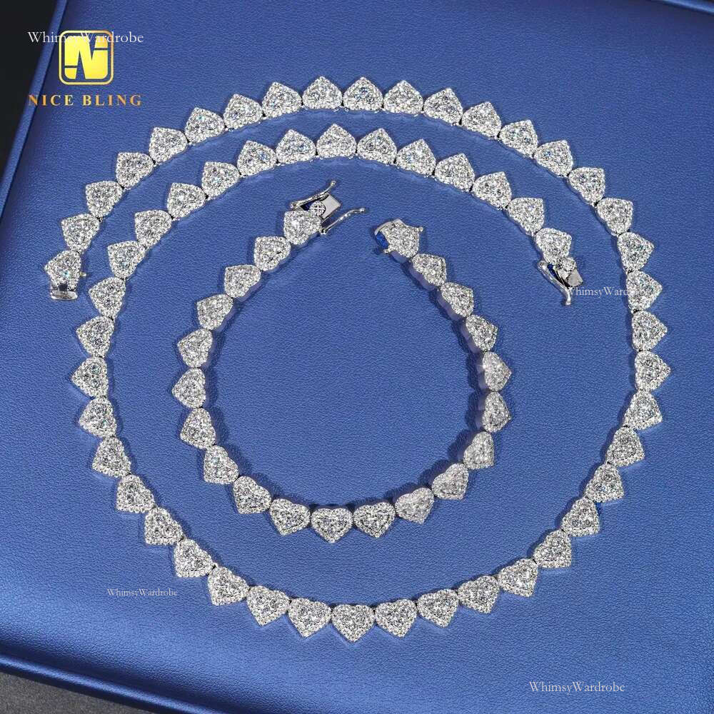 Moissanite Cluster Chain Sier Fashion Hiphop Necklace 8mm Heart Shape Lab Dia Tennis Necklaces for Men Women