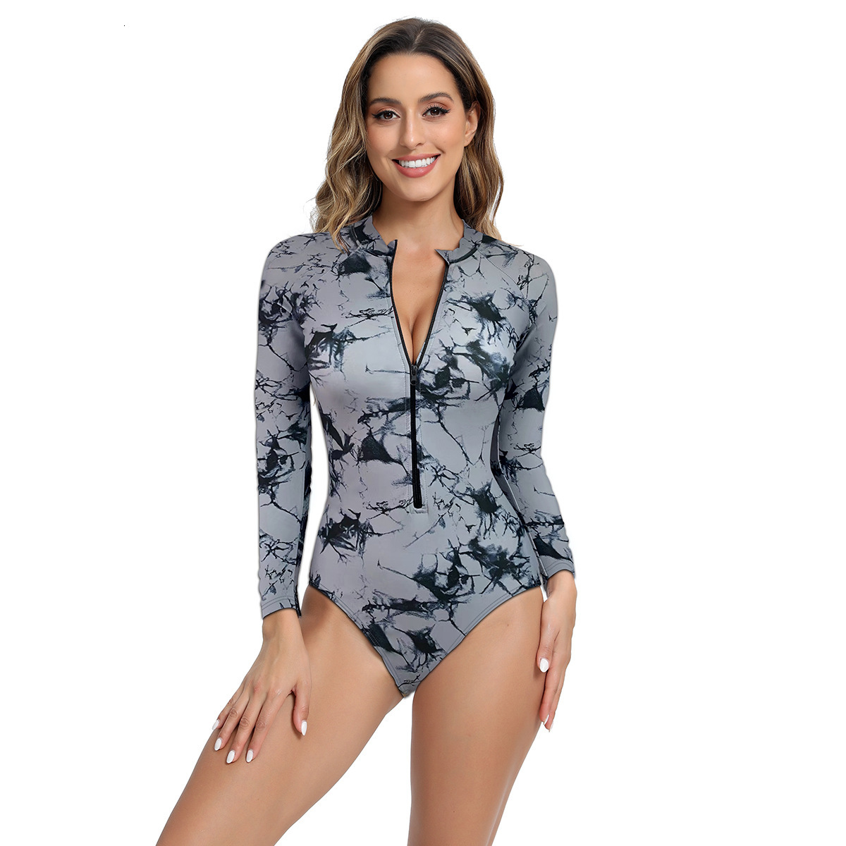 New digital printed jumpsuit triangle pants with tight zipper and long sleeves for racing, basketball training, women's swimsuit