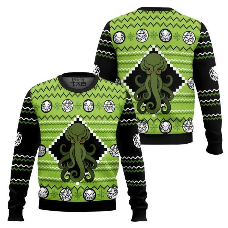 Christmas Ugly Sweater Cthulhu Octopus Face Dark And Bizarre Black Green Snowflake Christmas Elements Winter Sweater Pixel Style L251106