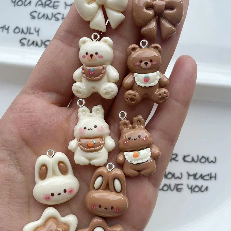 10 pieces of resin glossy milk tea color cute little rabbit panda charm animal flower star pendant for DIY jewelry making 250325