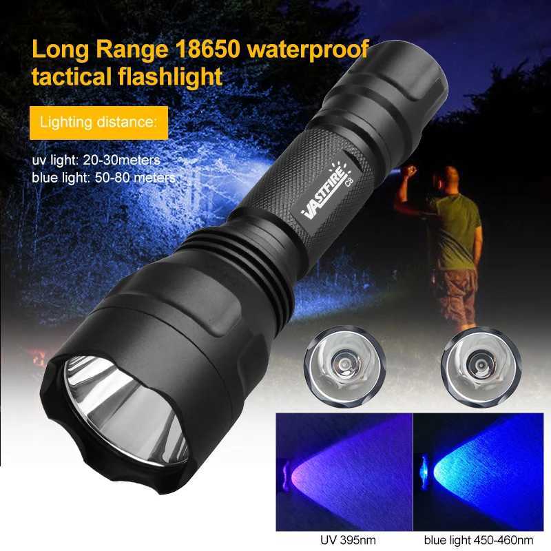 Blue and UV waterproof rechargeable color light flashlight capable of illuminating 50-80 meters suitable for outdoor campingW251106