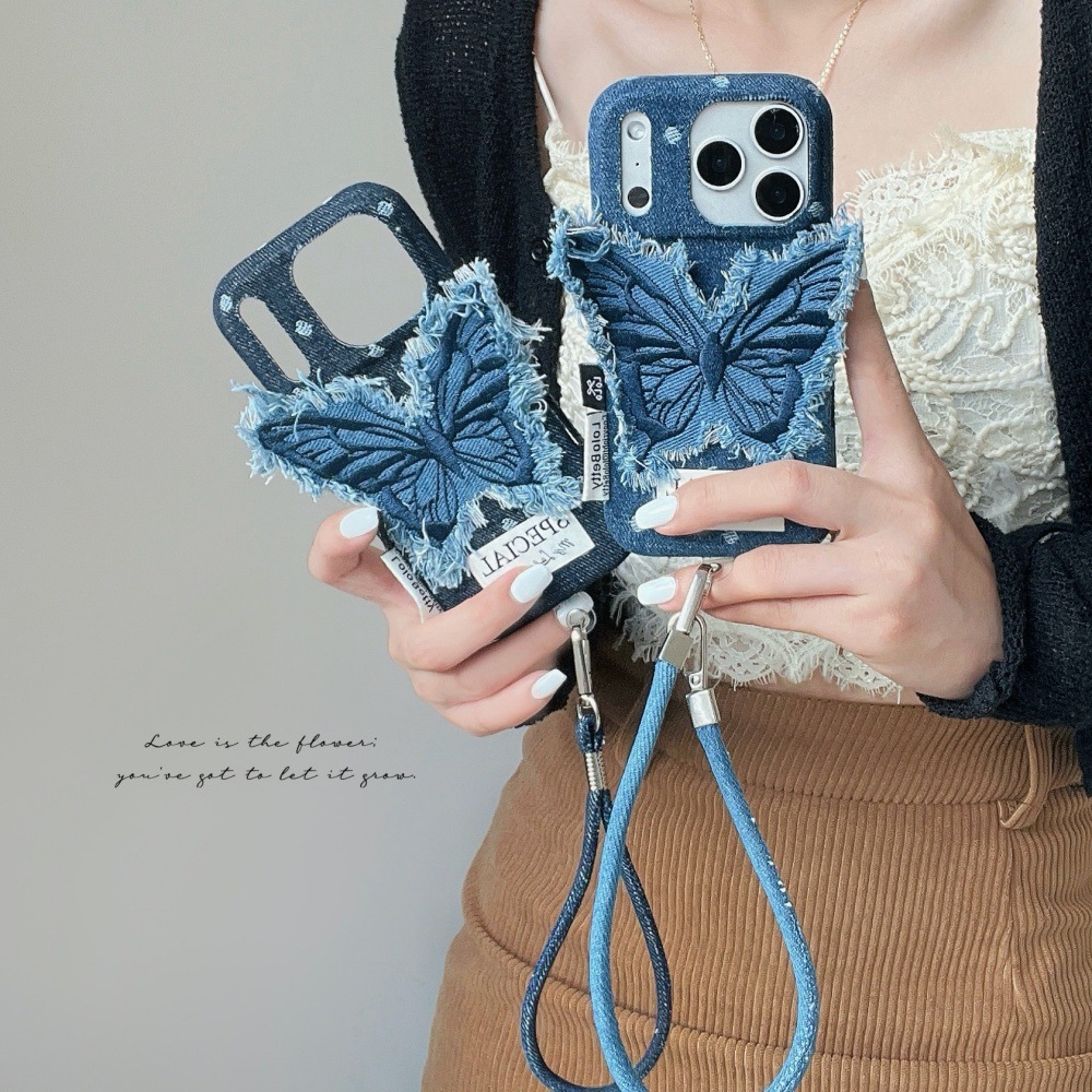 Denim Blue Butterfly Patch Phone Case Compatible with iPhone 17/16 Pro Solid Color Lanyard iPhone 15/14 Niche