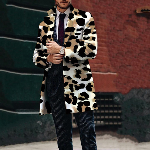 Autumn and winter new mens casual printed woolen medium long coat mens woolen coat