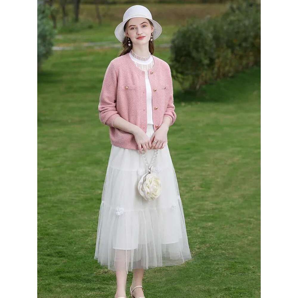Fall Clothes Women New Fashion Tweed Pink Shorts Knitted Jacket Casual Female Cardigan Coat