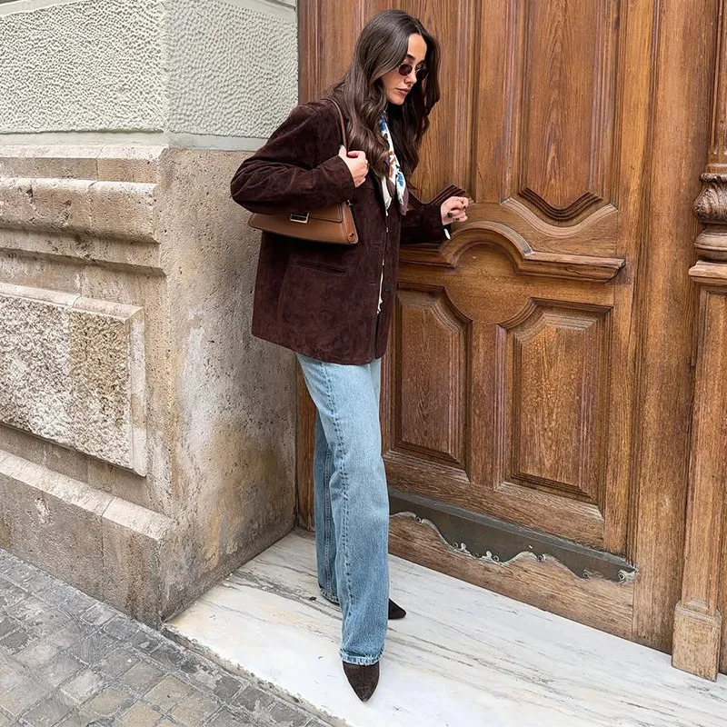 Retro suede lapel jacket womens brown long sleeved loose jacket casual jacket 250402