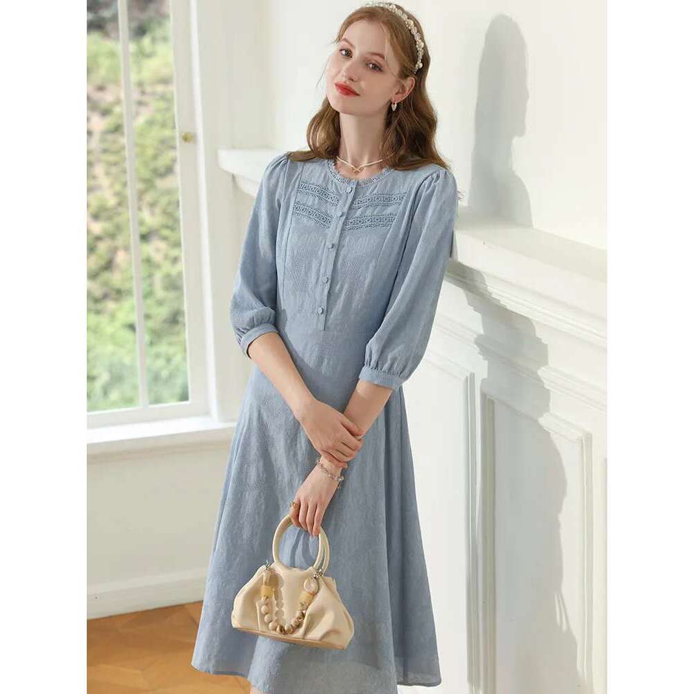 Blue French Dresses For Women Lace Collar Seven Lantern Sleeve Cotton Spring New A-E Lady Dress