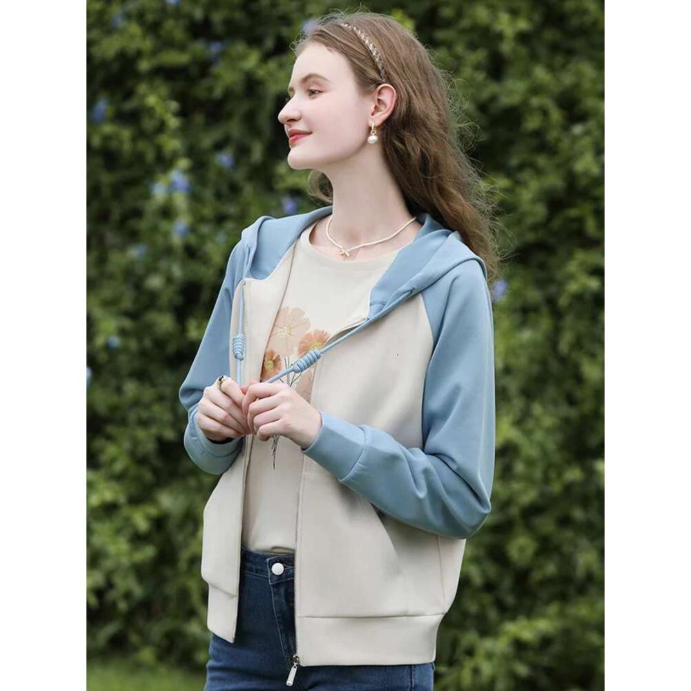Color Blocking Splicing Casual Hooded Sweater Jacket For Women Autumn Commuting Side Pockets Coat