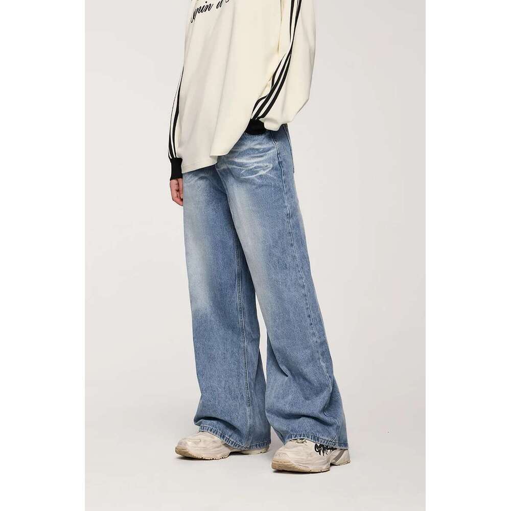 Ripple Washed Straight Leg Pants American Street Vintage Faded Denim Jeans For Men