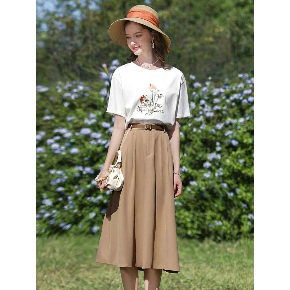 A-E Skirts For Women French High Waist Embroidery Spring New Draped Umbrella Solid Basics Skirt