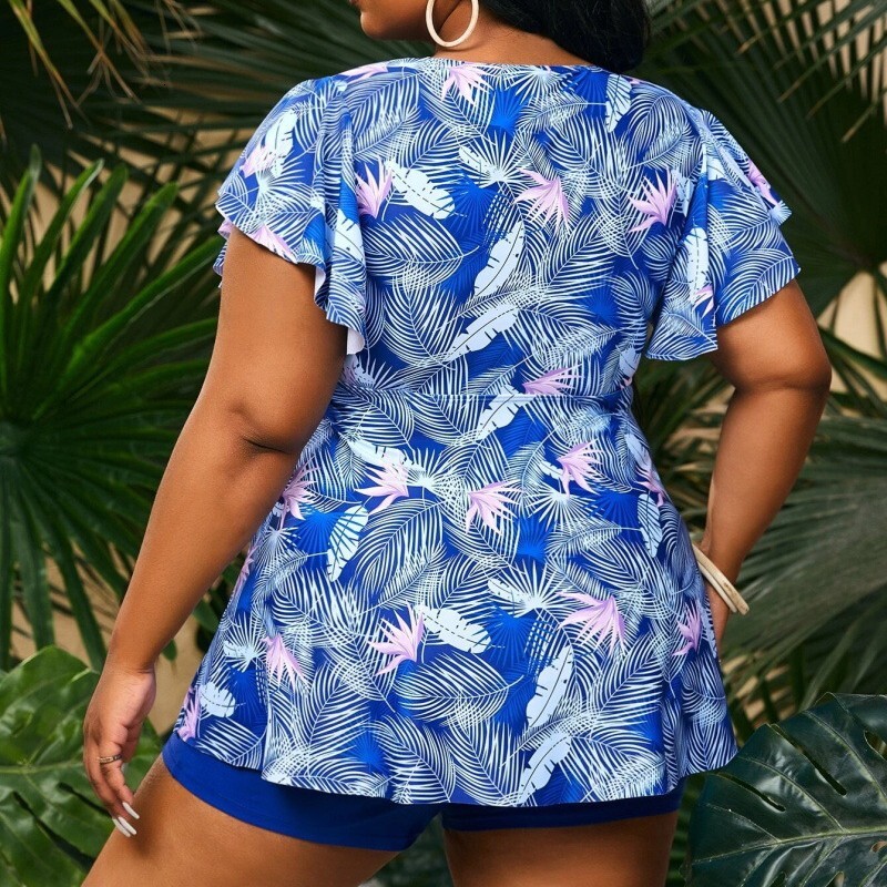 Large Fat Granny Digital Printed Short Sleeve Skirt Set with Independent Flat Corner Shorts for bikini Women's Swimwear