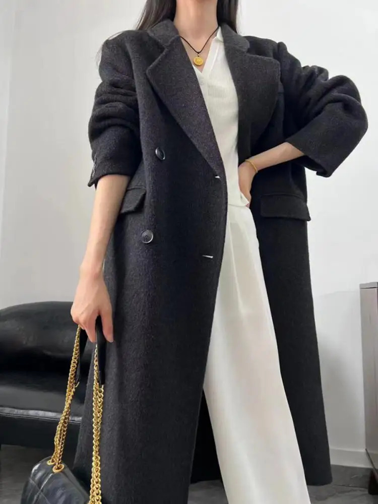 Right Angle Shoulder DoubleBreasted Woolen Jackets Autumn And Winter Office Lady Long 100 Wool Coats 251028