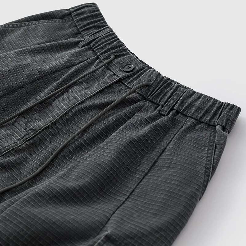 Faded Plaid Wide-Leg Cargo Pants For Men Loose American Washed Casual Pant Streetwear