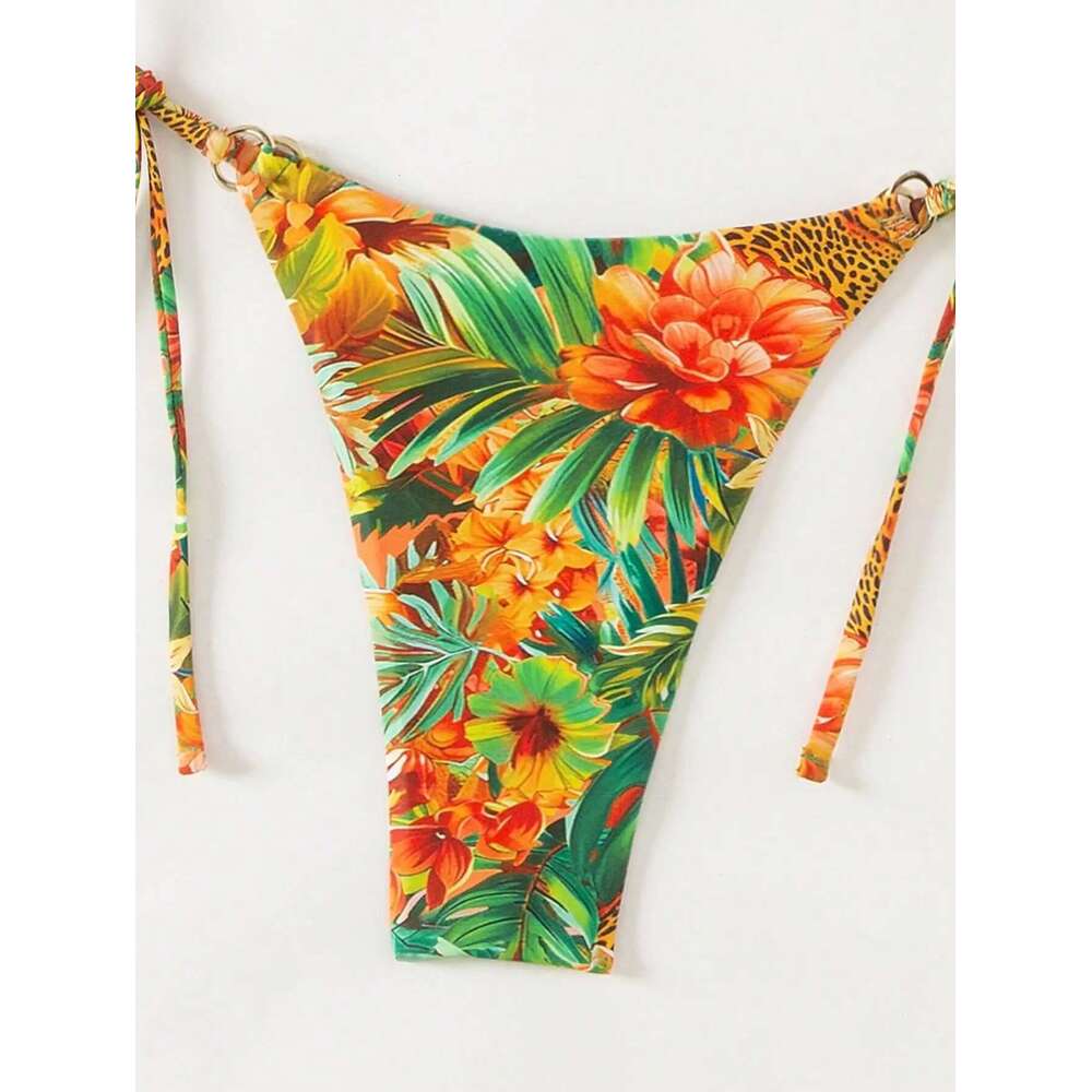 Trcal Print Bikini Set Women's 2025 New 2 Piece Swimsuit Sexy Triangle Halter Backless Thong Swimwear Beach Vacation Wear