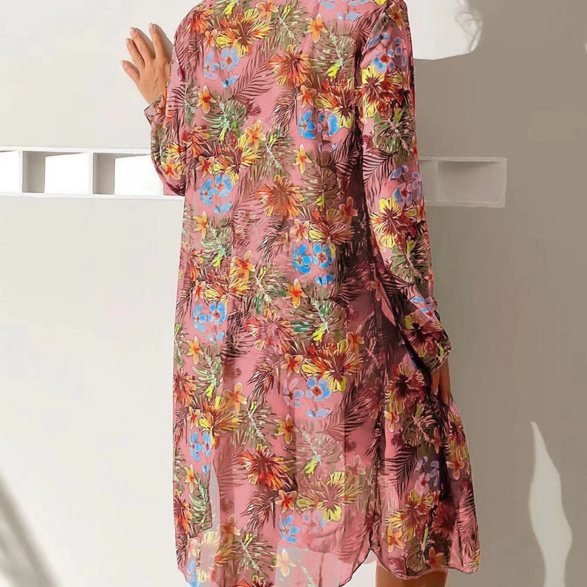 2025 Vacation Long length Chiffon Hoodie Split Sexy Women's Multi color Printed Bikini Swimsuit