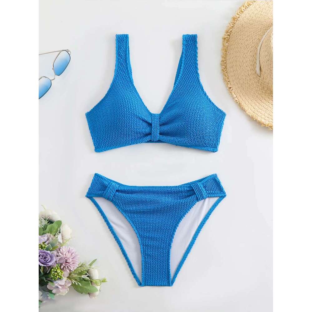 2025 Summer New Women's 2 Piece Swimsuit Solid Color High Waist Bikini Set V-neck Backless Beach Vacation Bathing Suit Swimwear