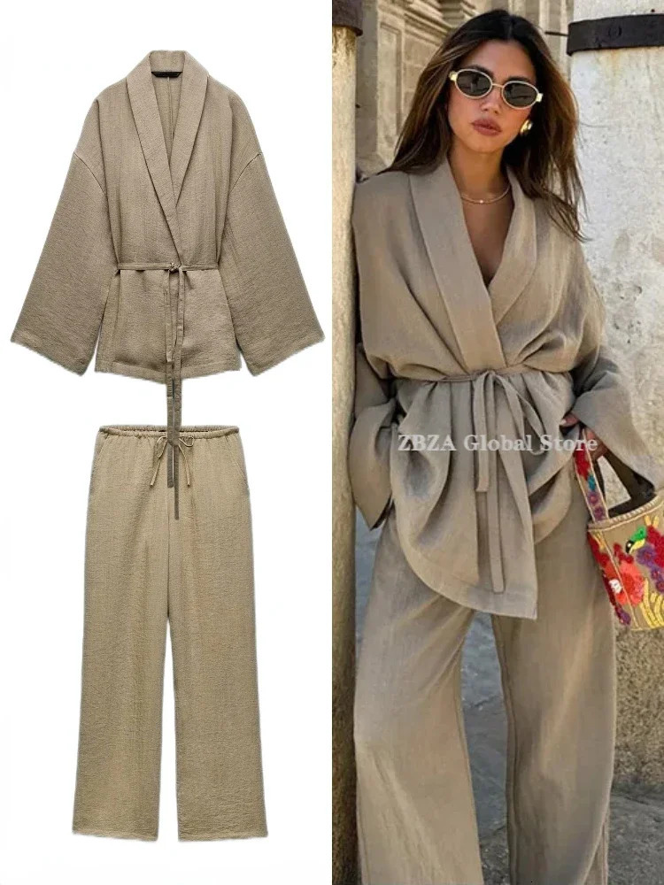 ZBZA womens textured lace top pants set lapel long sleeved shirt stretch elastic loose wide leg fashionable clothing 250403