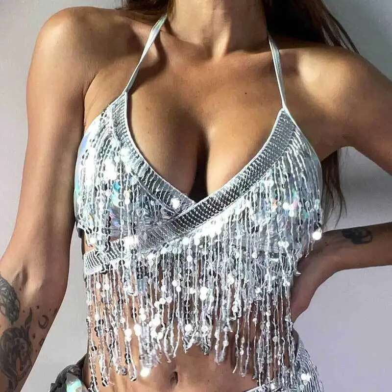 Sequin Fringe String Bikini Top 2023 Women Sexy Shiny Swimwear Y2K Cross V-neck Suspender Lace-up Backless Swimsuit Monokini