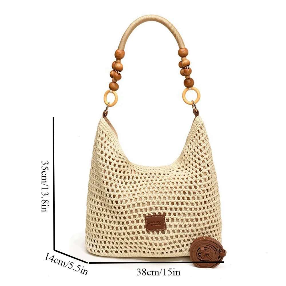 Handbag Beach Summer Holiday Woven Tote Women's Large Capacity Shoulder Bag Cotton Rope Hobo Bags With Bead Strap For Travel