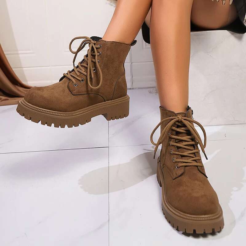 Retro Chunky Platform Ankle Women 2025 Spring Lace Up Brown Combat Boots Woman Faux Suede Low Heels Short Botas Mujer