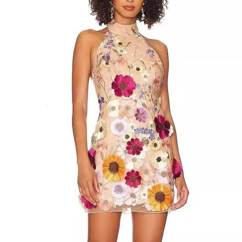 2025 Spring Clothing Womens Embroidered 3d Flower Hanging Neck Slimming Dress Small Dress Wrap Hip Skirt