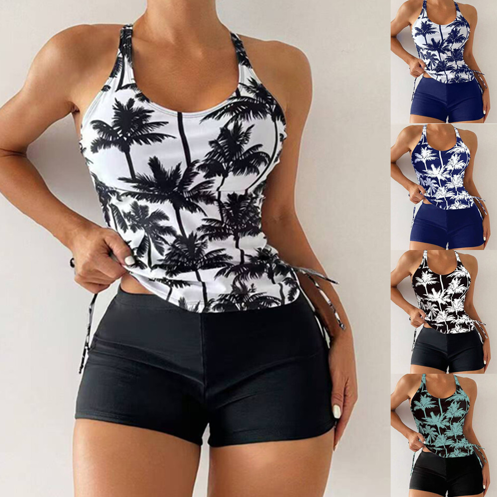 2025 new coconut tree print multi-color drawstring slimming solid color boxer shorts swimsuit for women