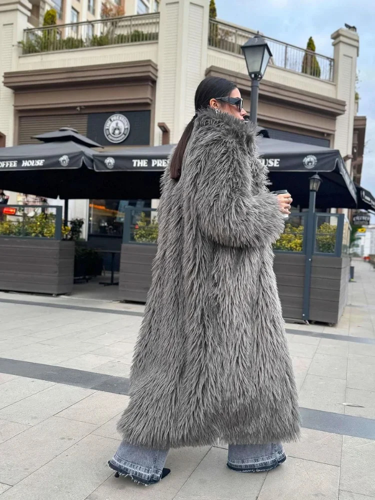Chic Grey Fluffy Faux Fur Overcoat Women Lapel Full Sleeve Warm Loose Long Coats Lady Winter Daily Street Outwear 251028