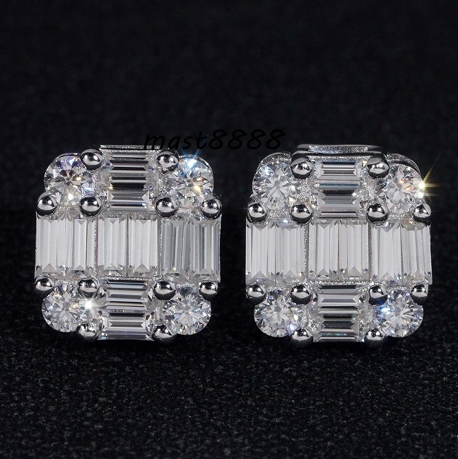 Ready to Ship Hip Hop Jewelry Pass Diamond Tester 925 Sterling Silver VVS Moissanite Diamond Classic Baguette Stud Earrings