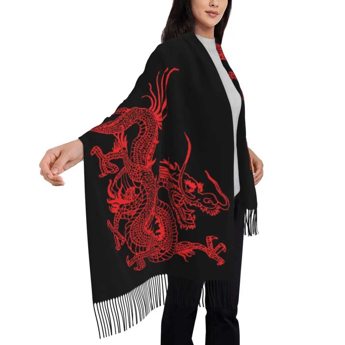 Custom Female Long Red Chinese Dragon Scarves Women Winter Soft Warm Tassel Shawl Wraps Asian Oriental Style Art Scarf L251105