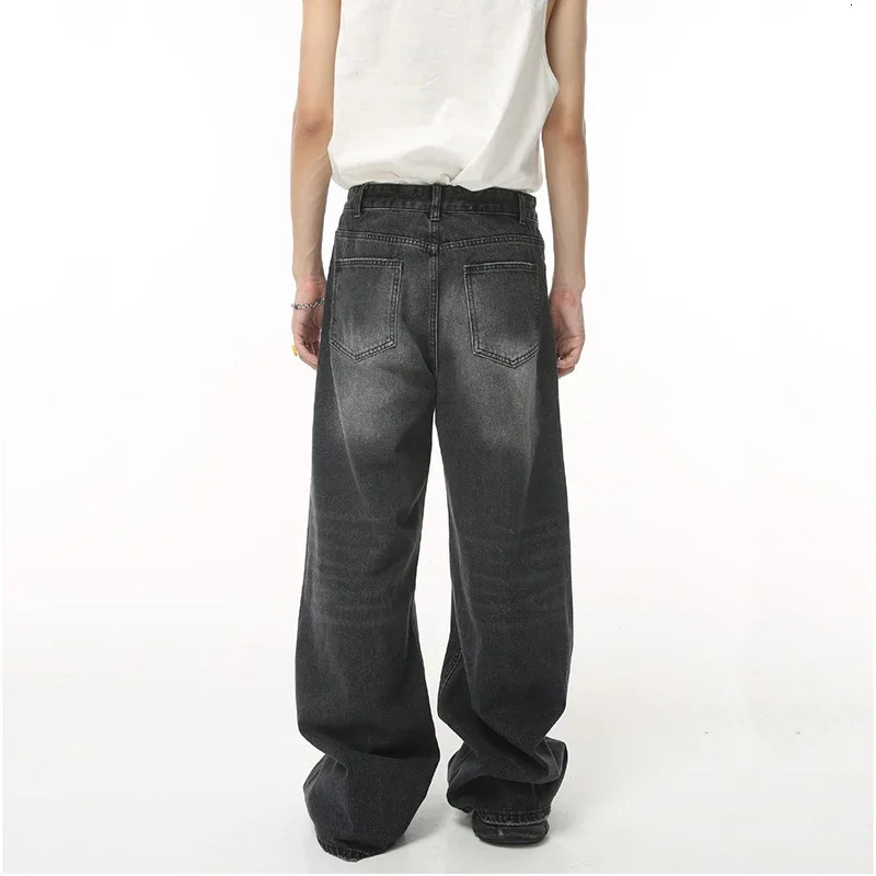 mens loose jeans black and gray retro American straight wide leg pants denim 250401