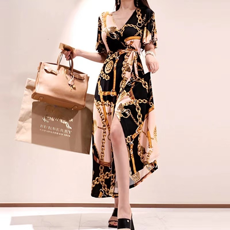 2025 Spring/summer New Womens Printed Dress Style V-neck Gold Chain Strap Waist Long Dress