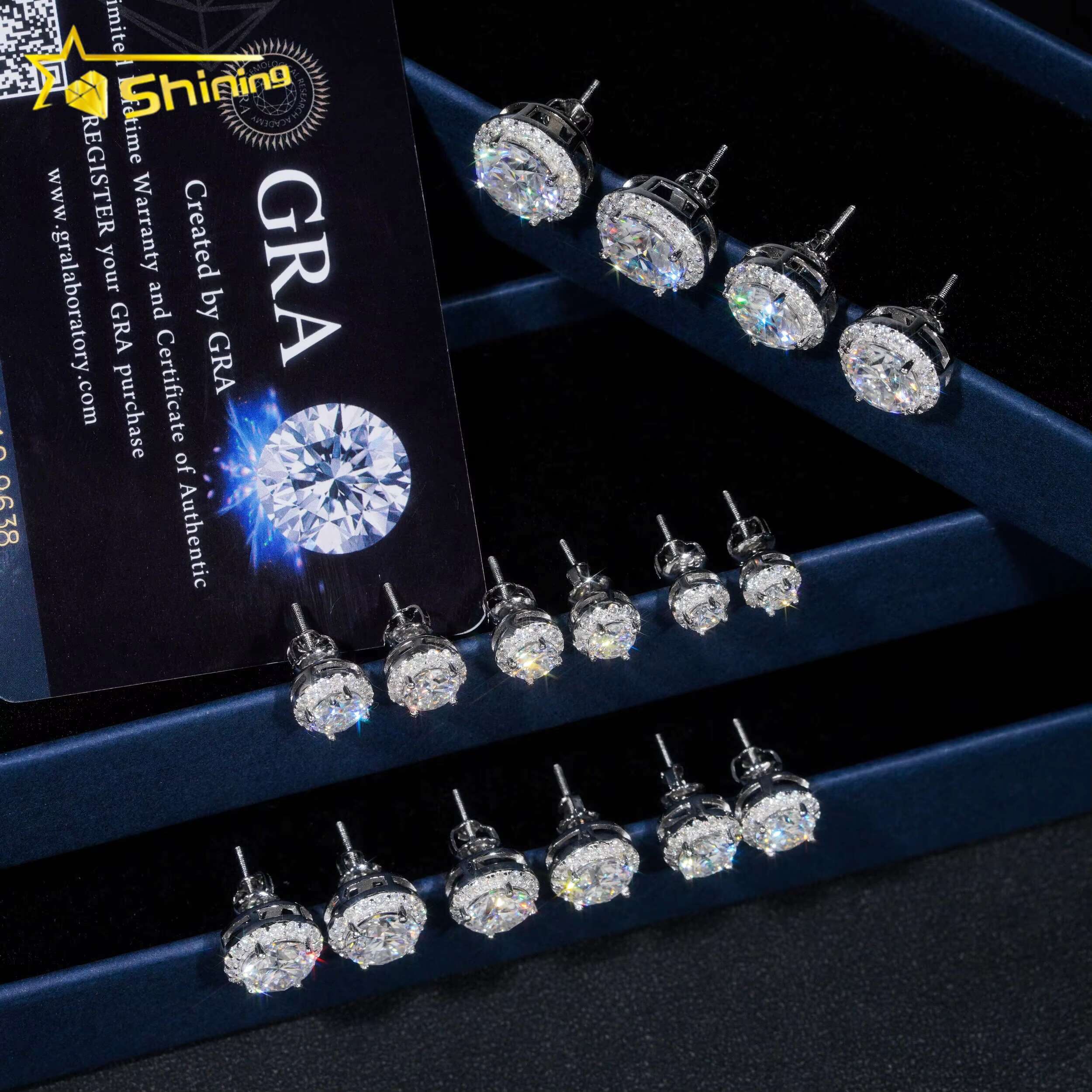 Hot Selling Hip Hop Style 6.5MM 8MM 9MM Sier Halo Design Moissanite Dia Stud Earrings