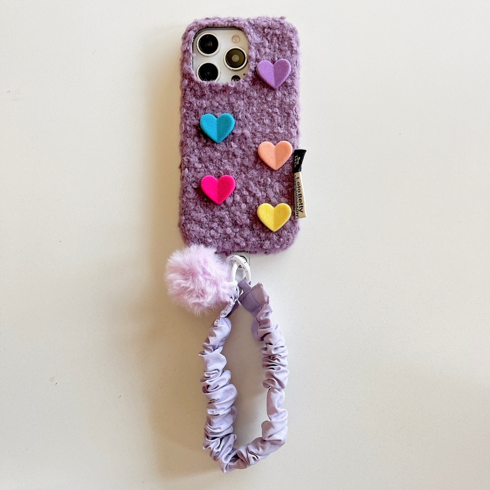 3D Colorful Heart Plush Phone Case Compatible with iPhone 17/16 Personalized Solid Color iPhone 15/14 Pro