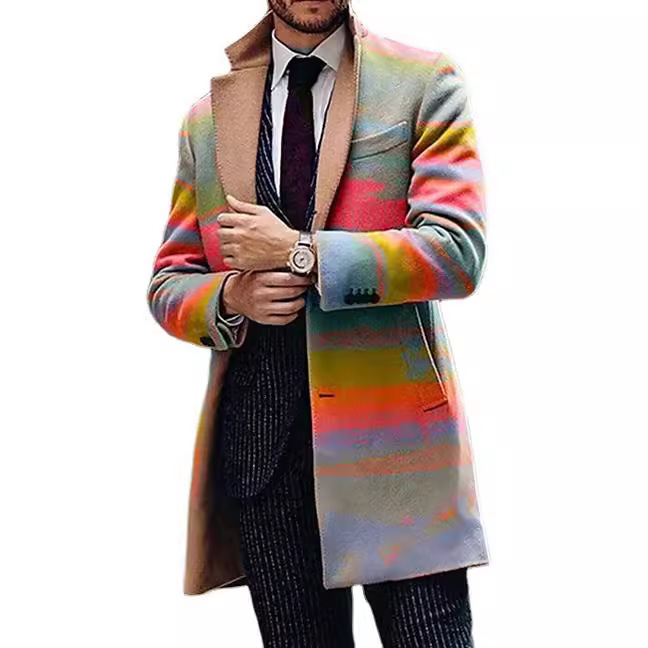 2025 Spring New Mens Casual Printed Woolen Medium to Long Coat Mens Woolen Coat Mens Woolen Coat Mens