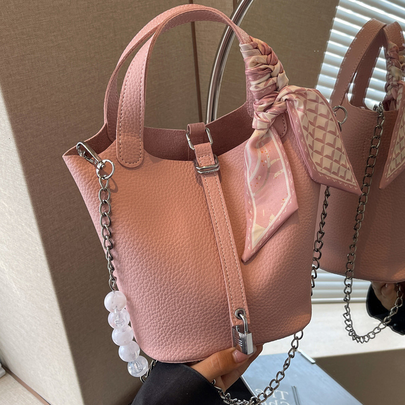 2025S Designer Women S Bag Litchi Patterned Silk Scarf Handbag New Fashionable Bead Crossbody Commuting Versatile Single Shoulder Bucket Bag