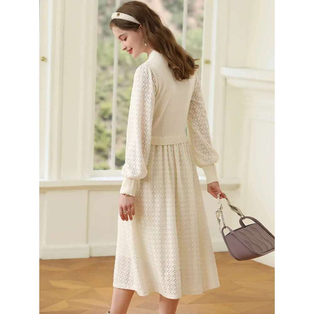 Women Dresses French Gentle Beaded Knitted Spliced Long Sleeve Winter New A-E Solid Dress Lady