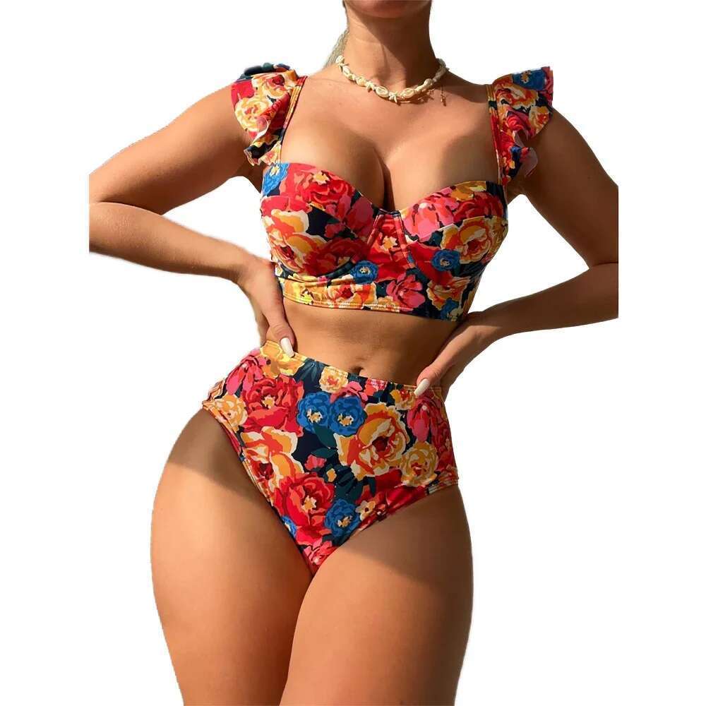 2024 ral Print Swimsuit Women 2 Piece Ruffle Bikini Sexy Underwire Push Up Bathing Suit High Waist Swimwear Summer Beachwear