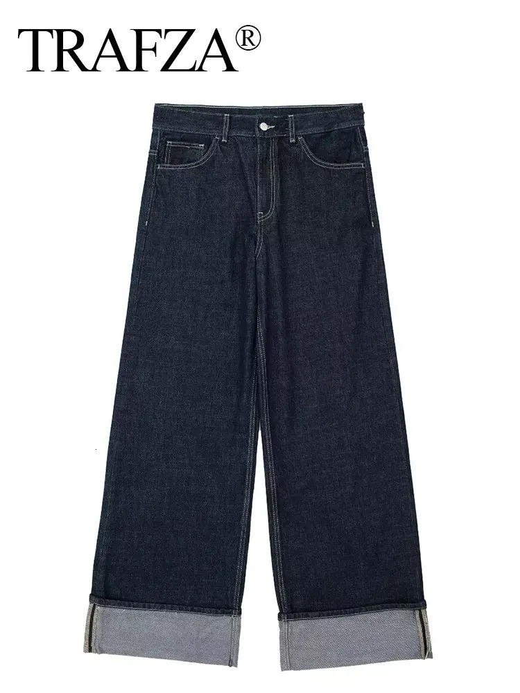 TRAFZA Womens Retro Denim Jacket Pants Set Single Chest Collar Long Sleeve Coat Wide Leg Trouser Jeans High Street Outfits 250403