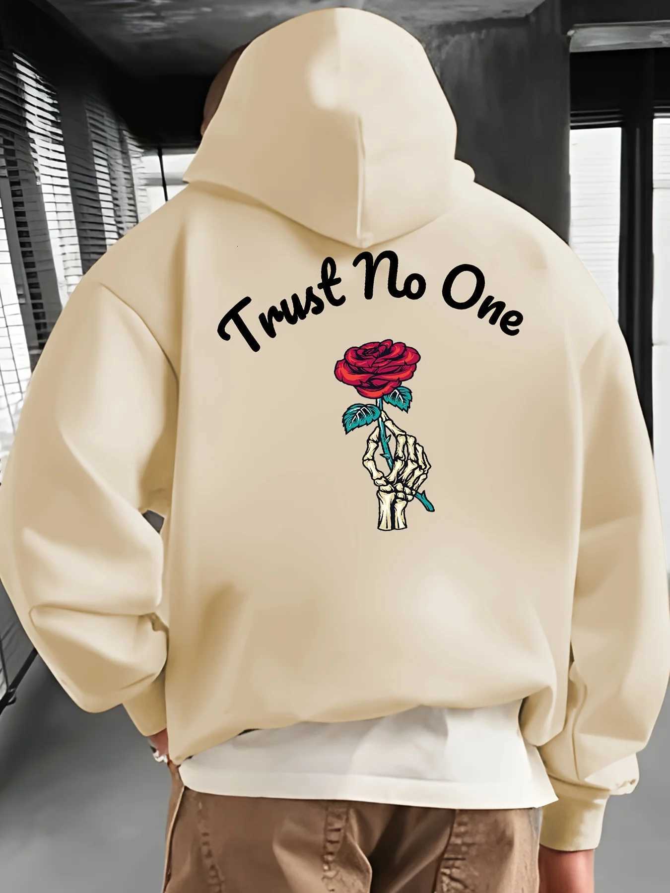 Mens autumn and winter casual loose plus size rose print fleece warm long sleeved hooded sweatshirt pullover W251106
