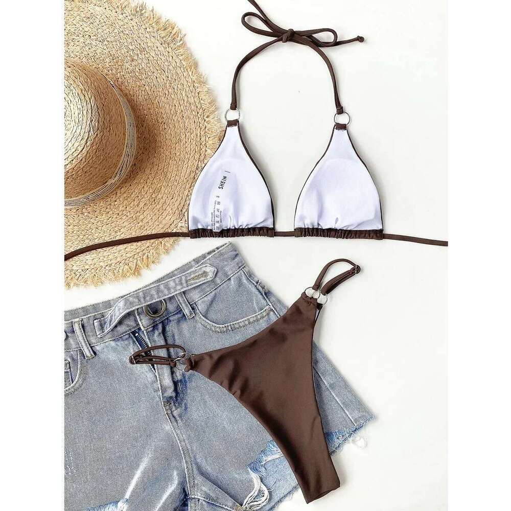 2025 Solid Color Swimsuit Women 2 Piece Bikini Sexy Triangle Cup Halter Lace-up Backless Bathing Suit Low Waist Summer Beachwear