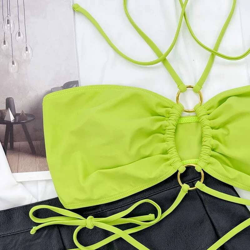 2024 Pleated Fabric Sexy Cross Bandage Halter Swimwear Two Piece Bikini Summer Cut Out Bathing Suit High Waist Beachwear