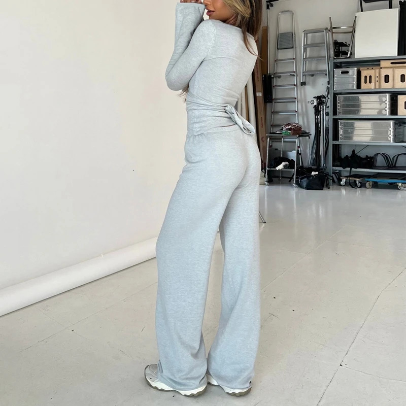 Womens Fashion Lounge Set Retro 2-piece Set V-neck Waist Tie T-shirtElastic Waist Pants Autumn Long Sleeve Crop Top 250402